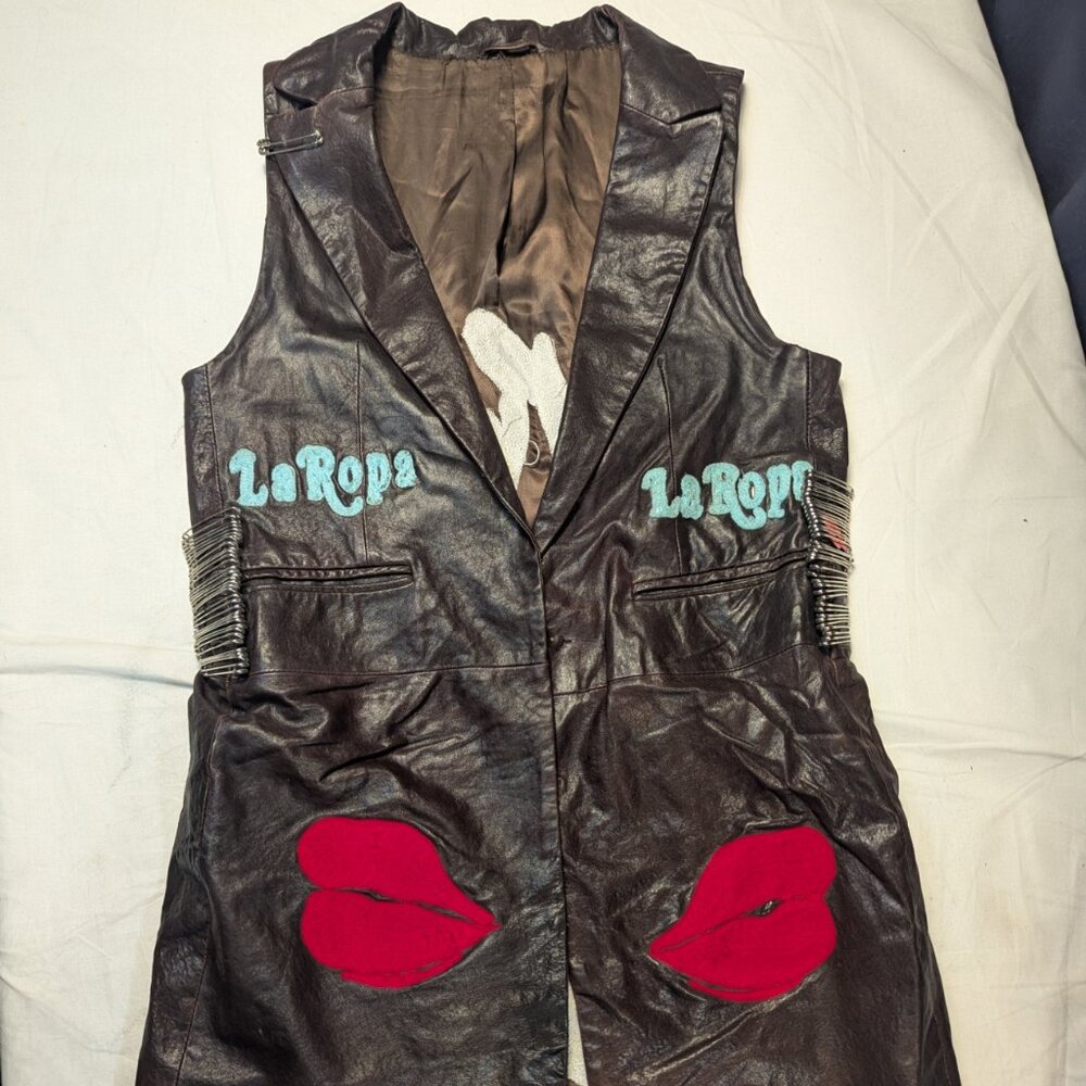 La Ropa Brown Leather Vest With Unique Patches and Illustrations